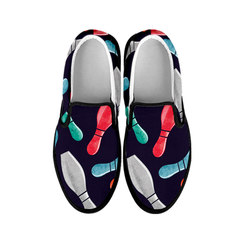 Watercolor Bowling Pins Pattern Print Black Slip On Shoes