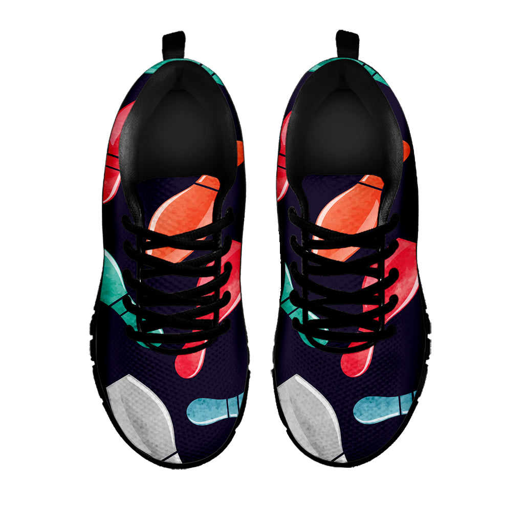 Watercolor Bowling Pins Pattern Print Black Sneakers