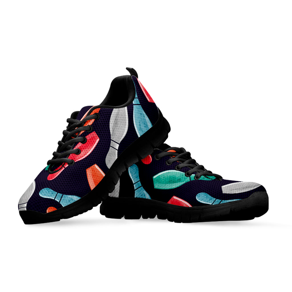 Watercolor Bowling Pins Pattern Print Black Sneakers