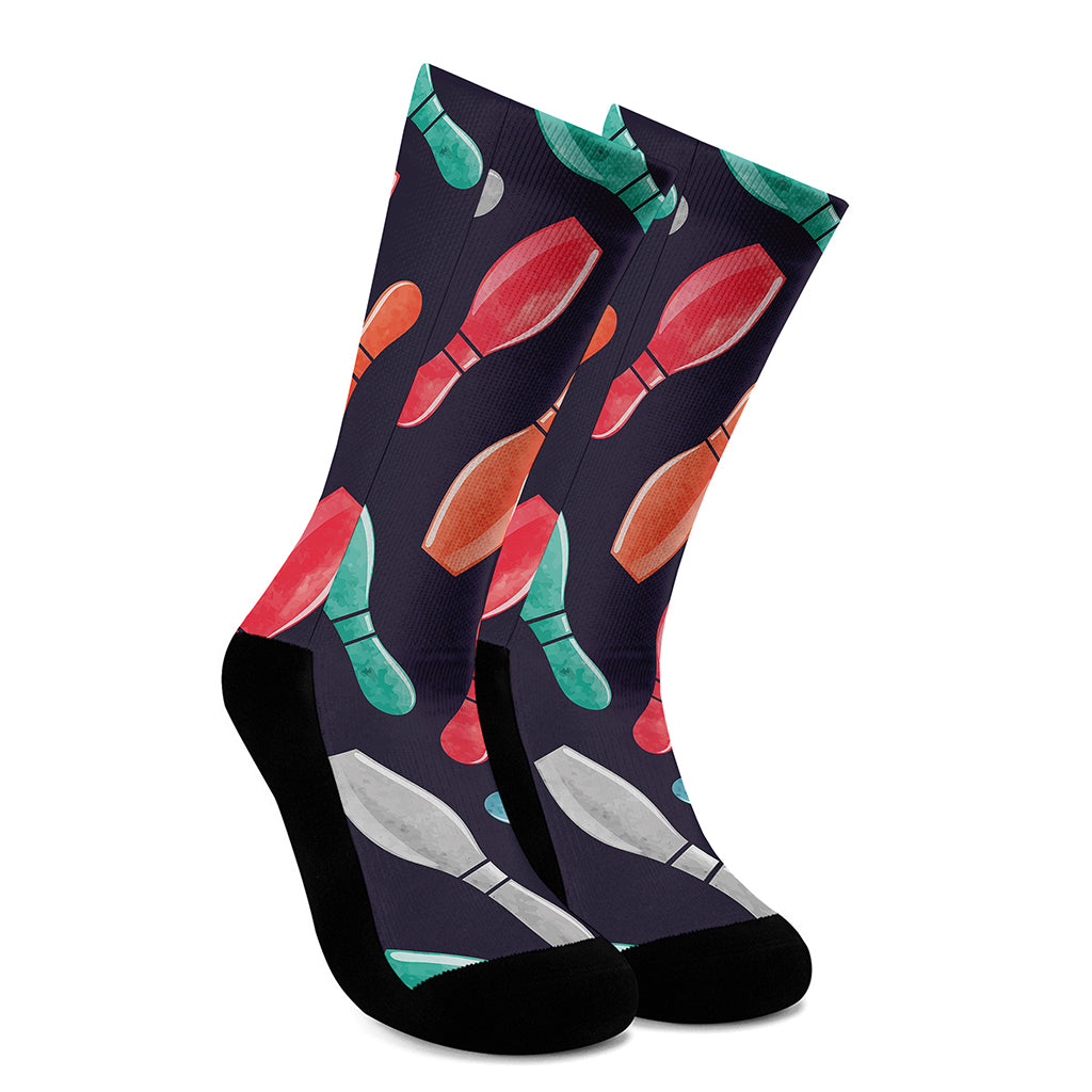 Watercolor Bowling Pins Pattern Print Crew Socks