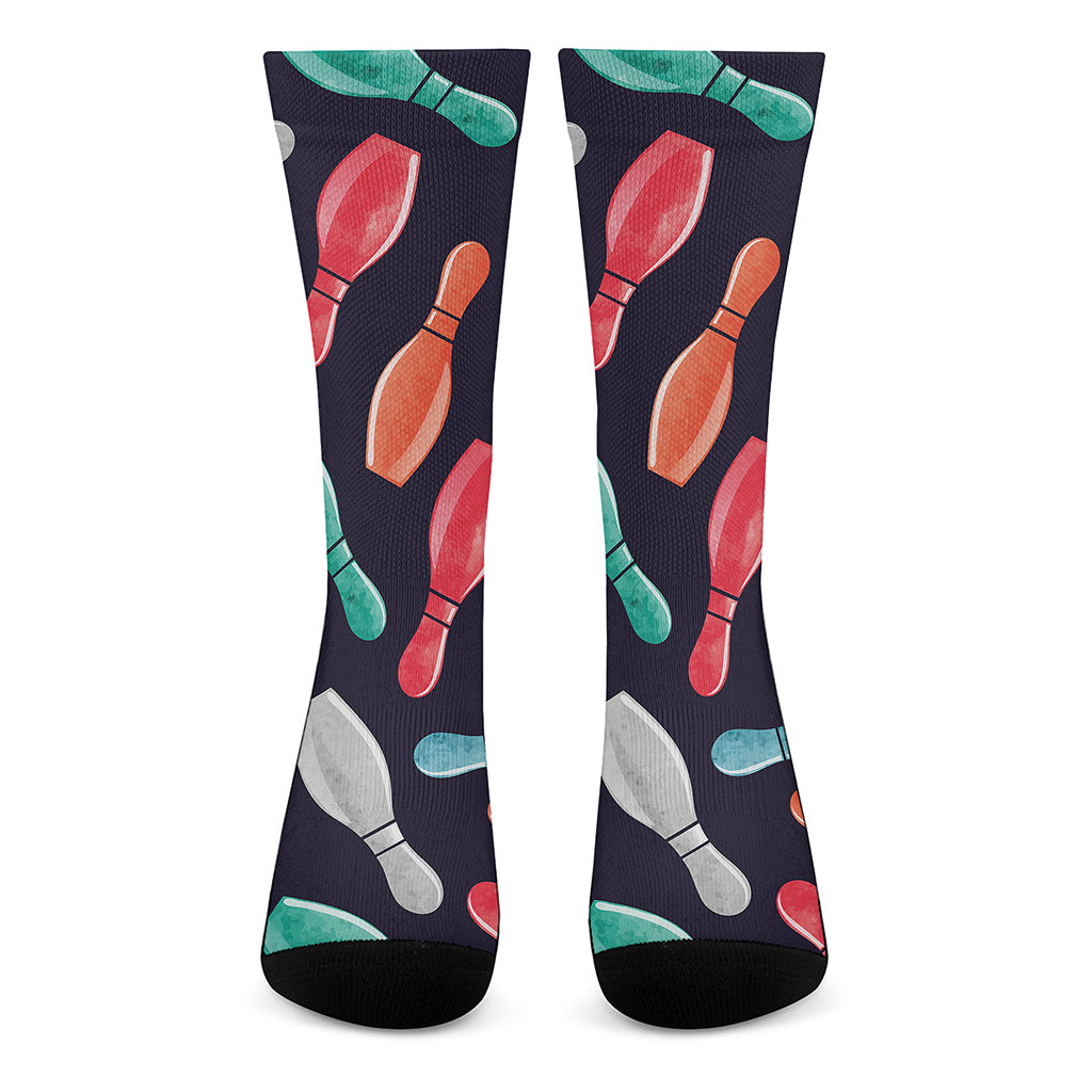 Watercolor Bowling Pins Pattern Print Crew Socks
