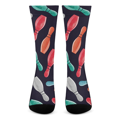 Watercolor Bowling Pins Pattern Print Crew Socks