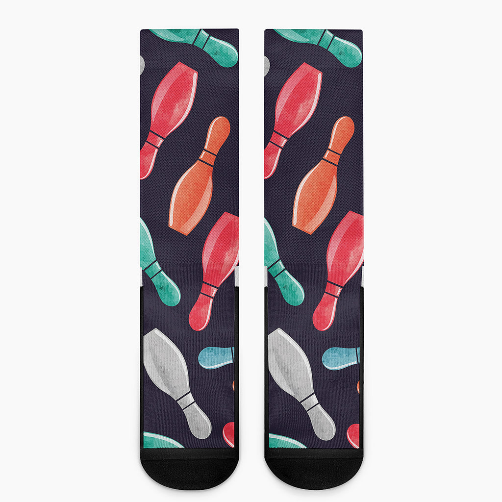Watercolor Bowling Pins Pattern Print Crew Socks