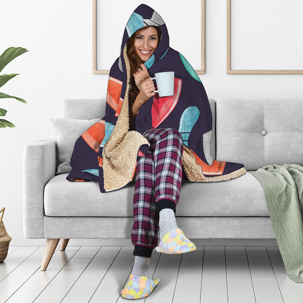 Watercolor Bowling Pins Pattern Print Hooded Blanket