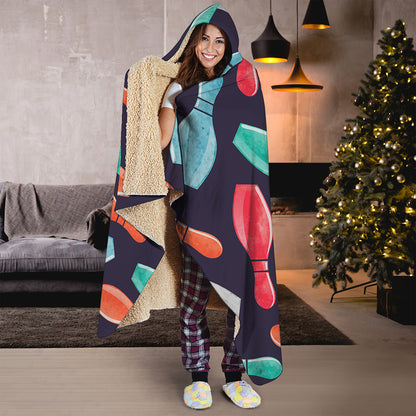 Watercolor Bowling Pins Pattern Print Hooded Blanket