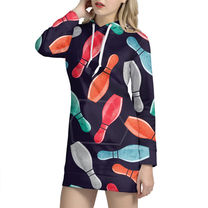 Watercolor Bowling Pins Pattern Print Hoodie Dress
