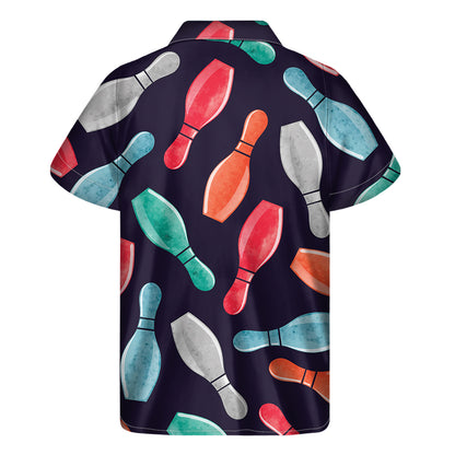 Watercolor Bowling Pins Pattern Print Men's Short Sleeve Shirt