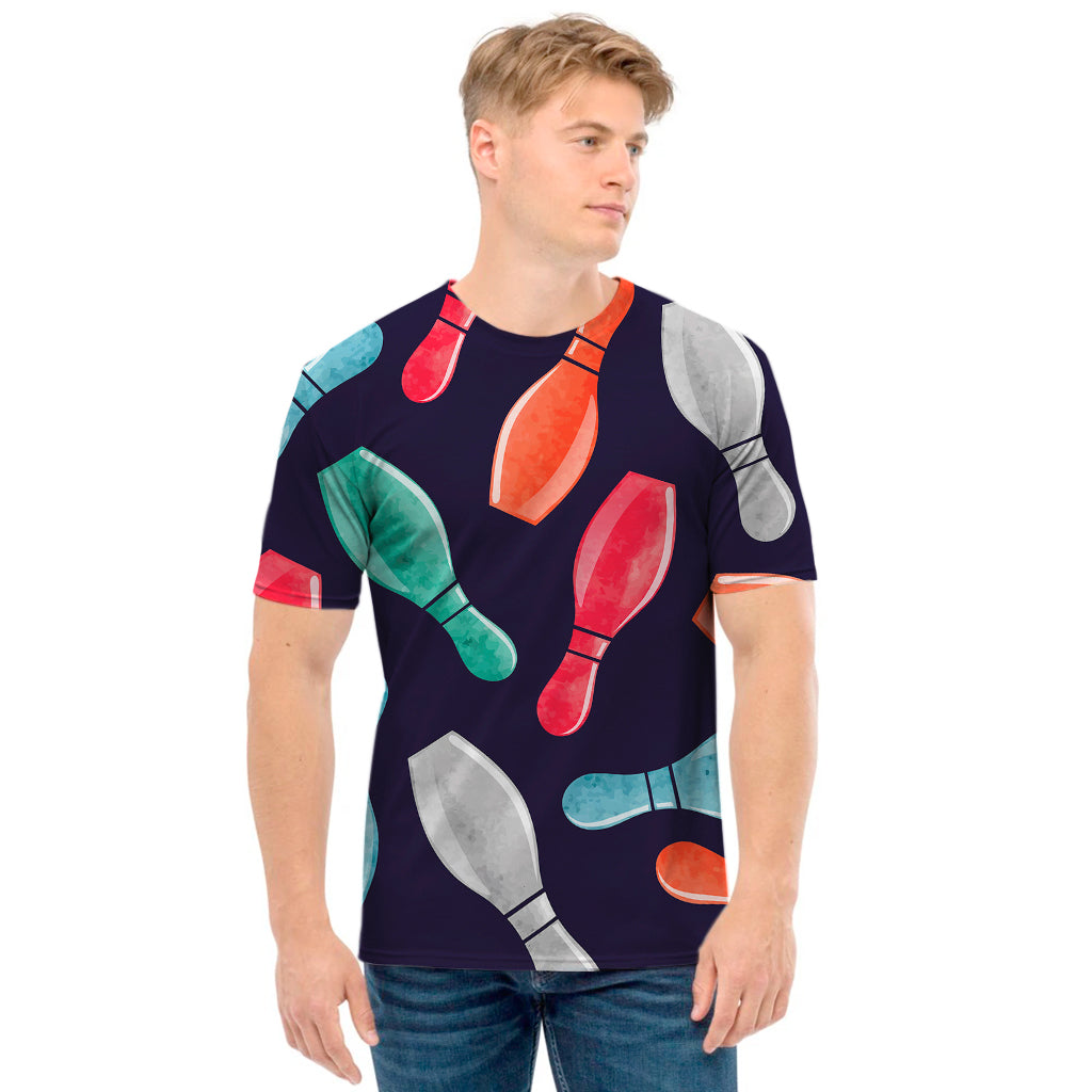 Watercolor Bowling Pins Pattern Print Men's T-Shirt
