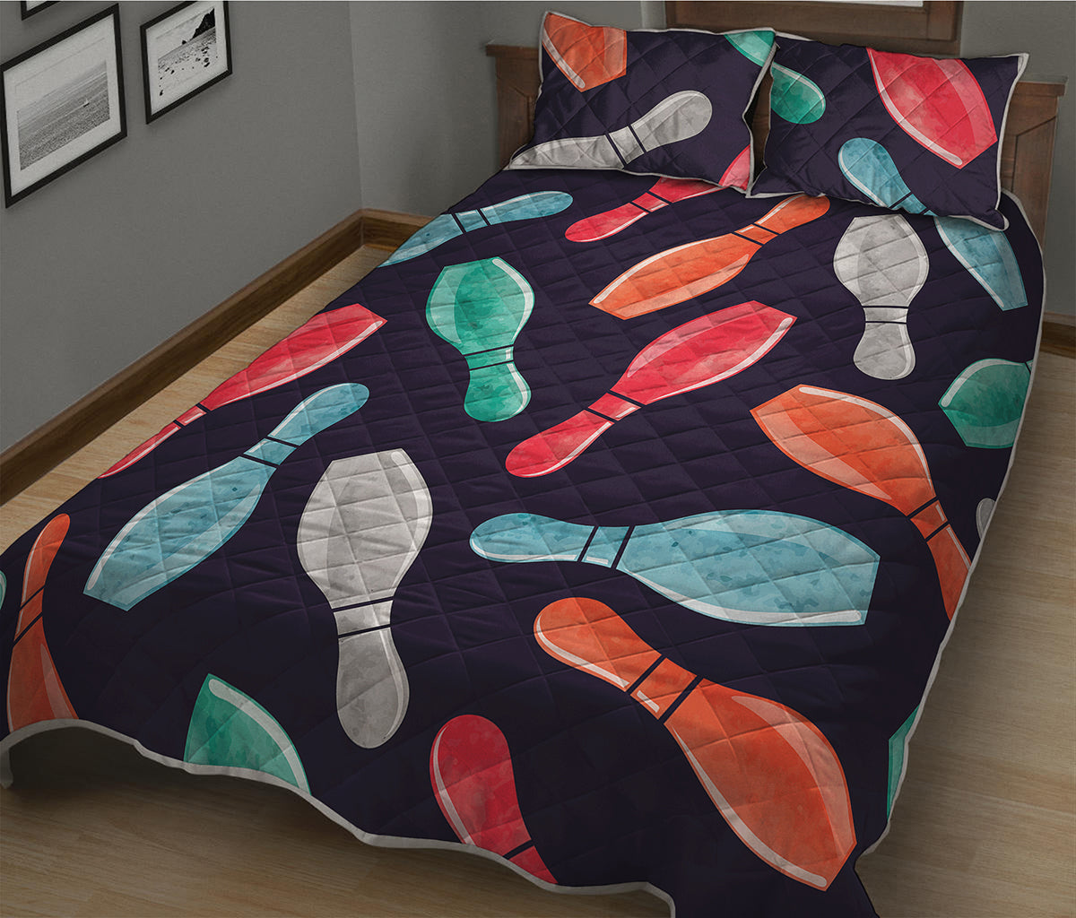 Watercolor Bowling Pins Pattern Print Quilt Bed Set
