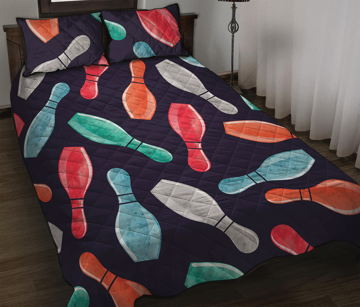 Watercolor Bowling Pins Pattern Print Quilt Bed Set
