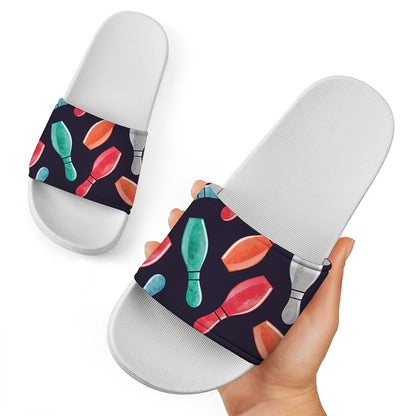 Watercolor Bowling Pins Pattern Print White Slide Sandals