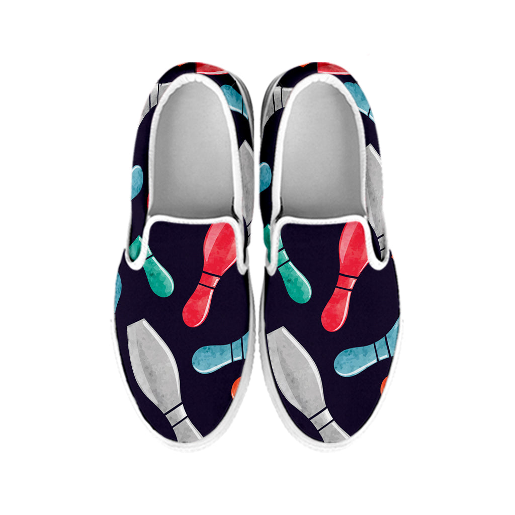 Watercolor Bowling Pins Pattern Print White Slip On Shoes