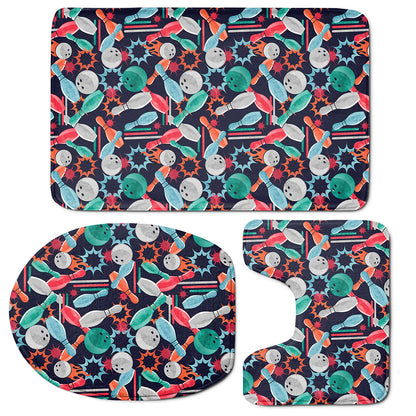 Watercolor Bowling Theme Pattern Print 3 Piece Bath Mat Set