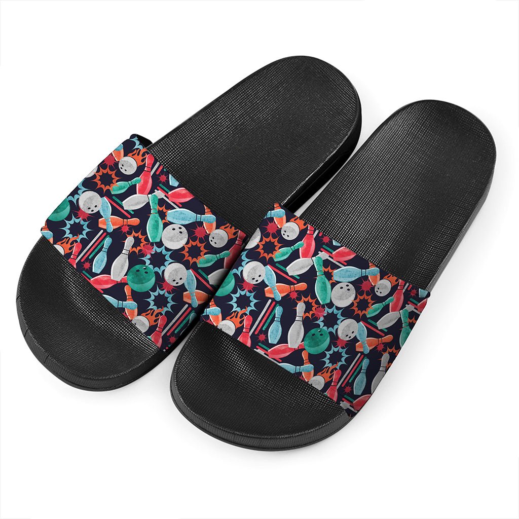 Watercolor Bowling Theme Pattern Print Black Slide Sandals