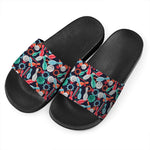 Watercolor Bowling Theme Pattern Print Black Slide Sandals