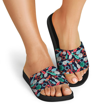 Watercolor Bowling Theme Pattern Print Black Slide Sandals