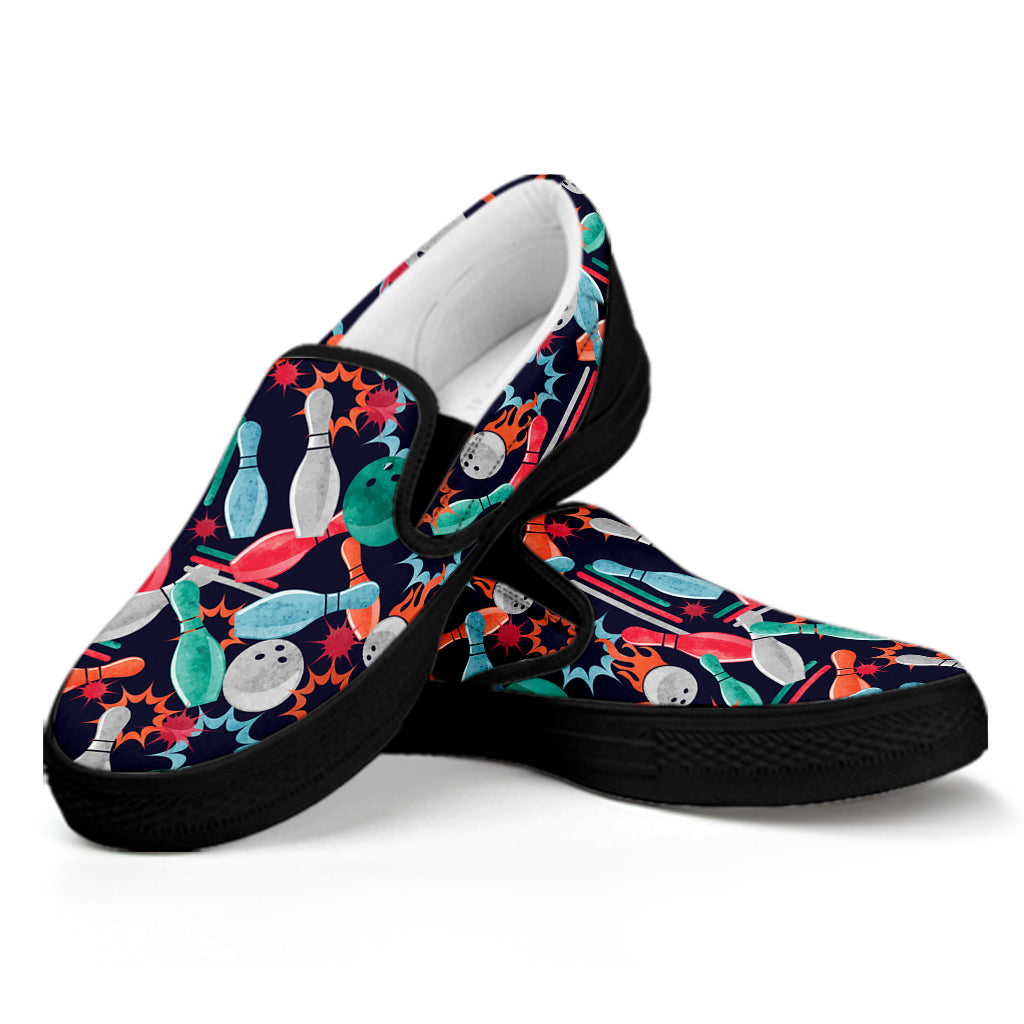 Watercolor Bowling Theme Pattern Print Black Slip On Shoes