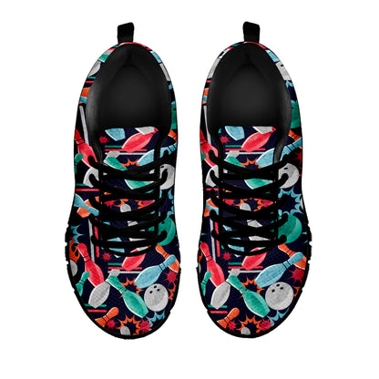 Watercolor Bowling Theme Pattern Print Black Sneakers