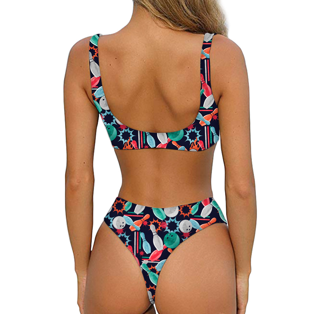 Watercolor Bowling Theme Pattern Print Front Bow Tie Bikini