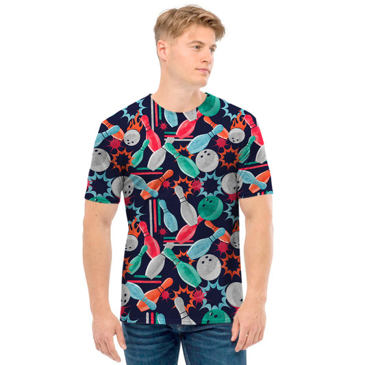 Watercolor Bowling Theme Pattern Print Men's T-Shirt