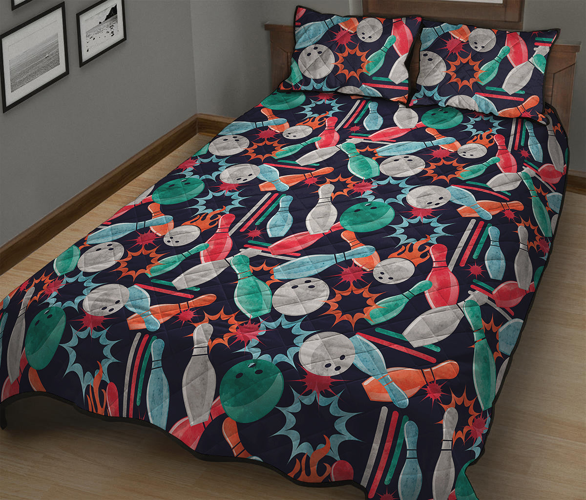 Watercolor Bowling Theme Pattern Print Quilt Bed Set