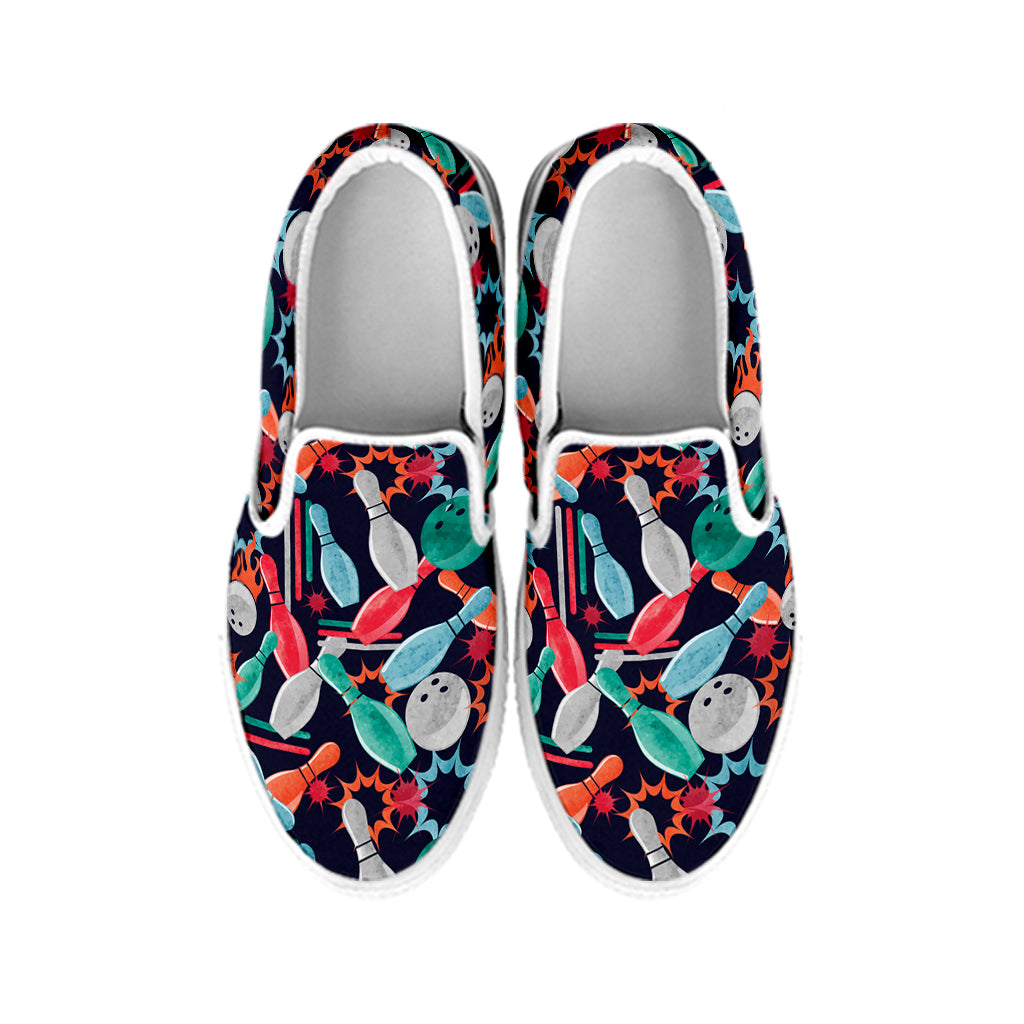 Watercolor Bowling Theme Pattern Print White Slip On Shoes