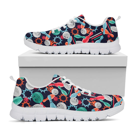 Watercolor Bowling Theme Pattern Print White Sneakers