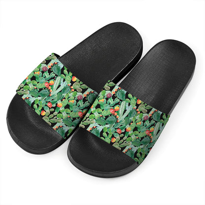 Watercolor Cactus Plant Print Black Slide Sandals