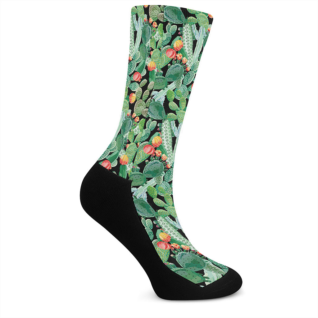Watercolor Cactus Plant Print Crew Socks