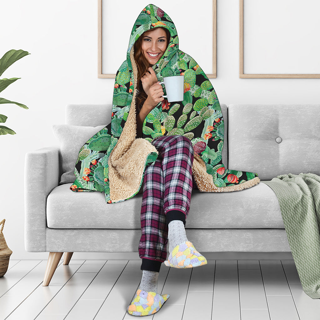 Watercolor Cactus Plant Print Hooded Blanket