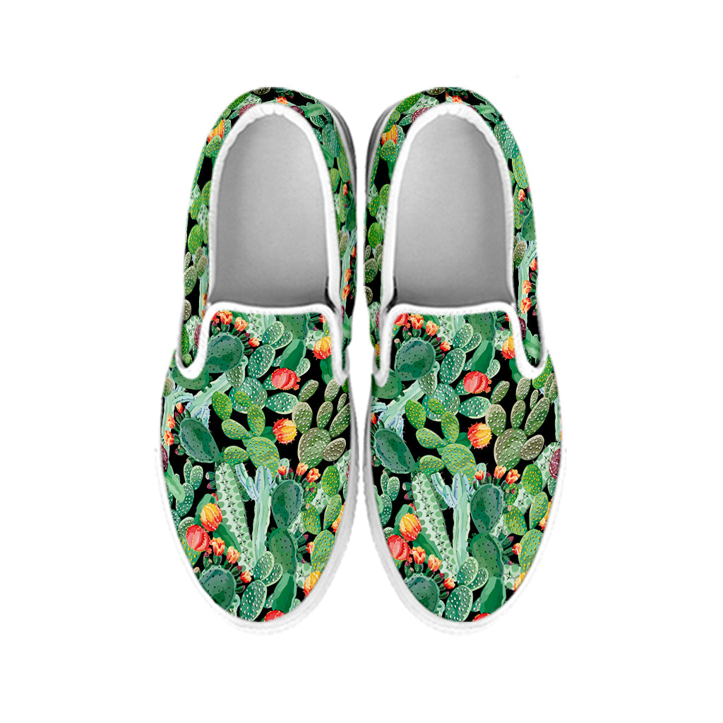 Watercolor Cactus Plant Print White Slip On Shoes