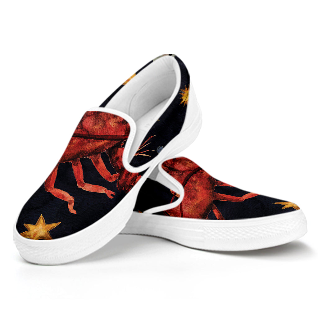 Watercolor Cancer Zodiac Sign Print White Slip On Shoes