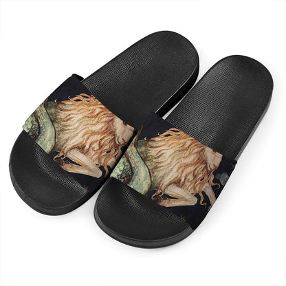 Watercolor Capricorn Zodiac Sign Print Black Slide Sandals