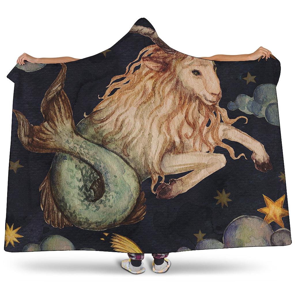 Watercolor Capricorn Zodiac Sign Print Hooded Blanket