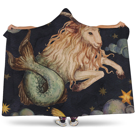 Watercolor Capricorn Zodiac Sign Print Hooded Blanket