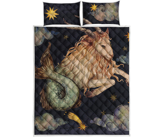 Watercolor Capricorn Zodiac Sign Print Quilt Bed Set