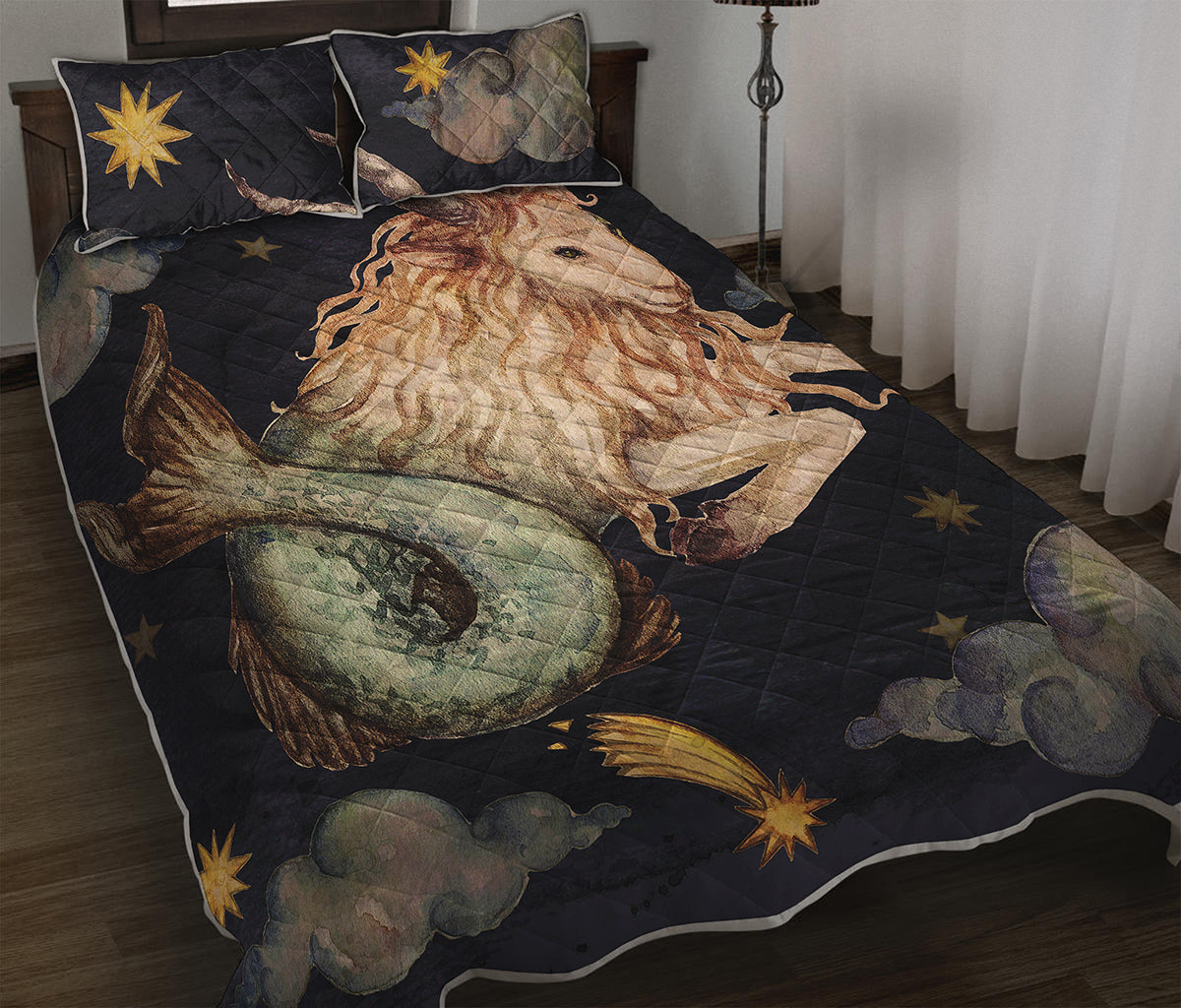 Watercolor Capricorn Zodiac Sign Print Quilt Bed Set