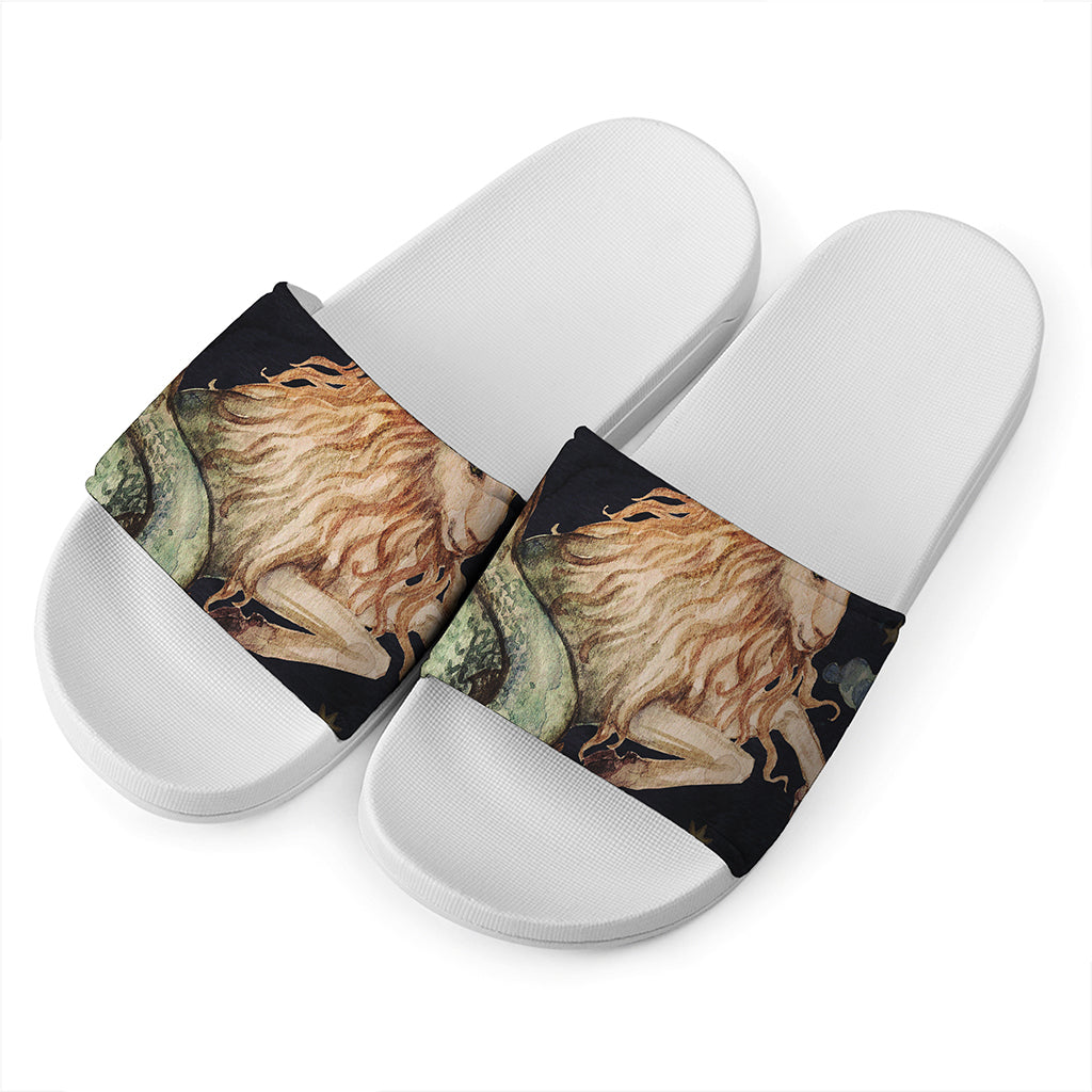 Watercolor Capricorn Zodiac Sign Print White Slide Sandals