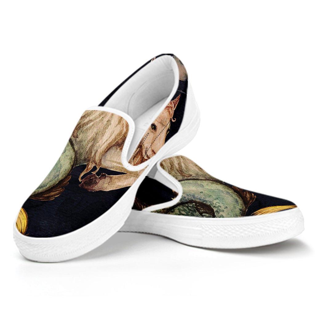 Watercolor Capricorn Zodiac Sign Print White Slip On Shoes