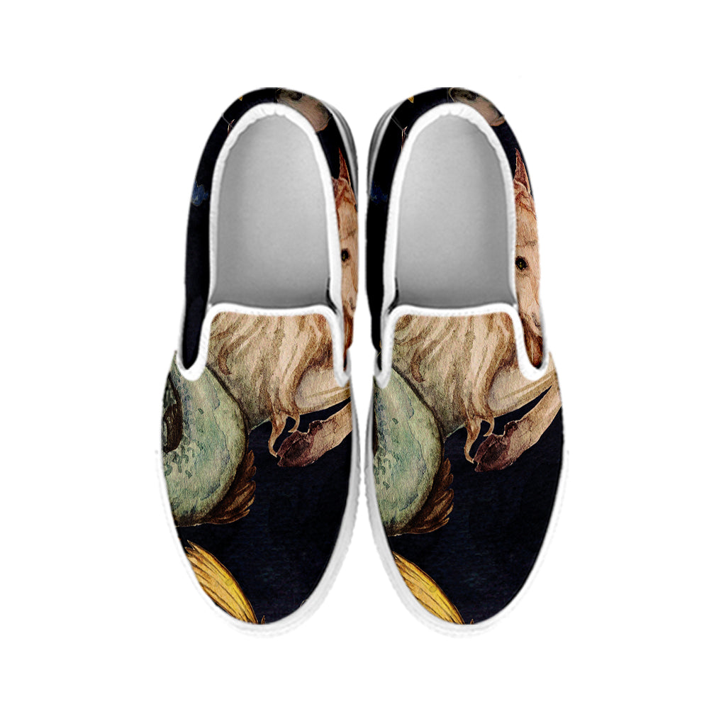 Watercolor Capricorn Zodiac Sign Print White Slip On Shoes