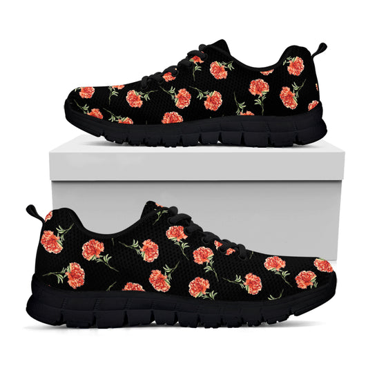 Watercolor Carnation Pattern Print Black Sneakers