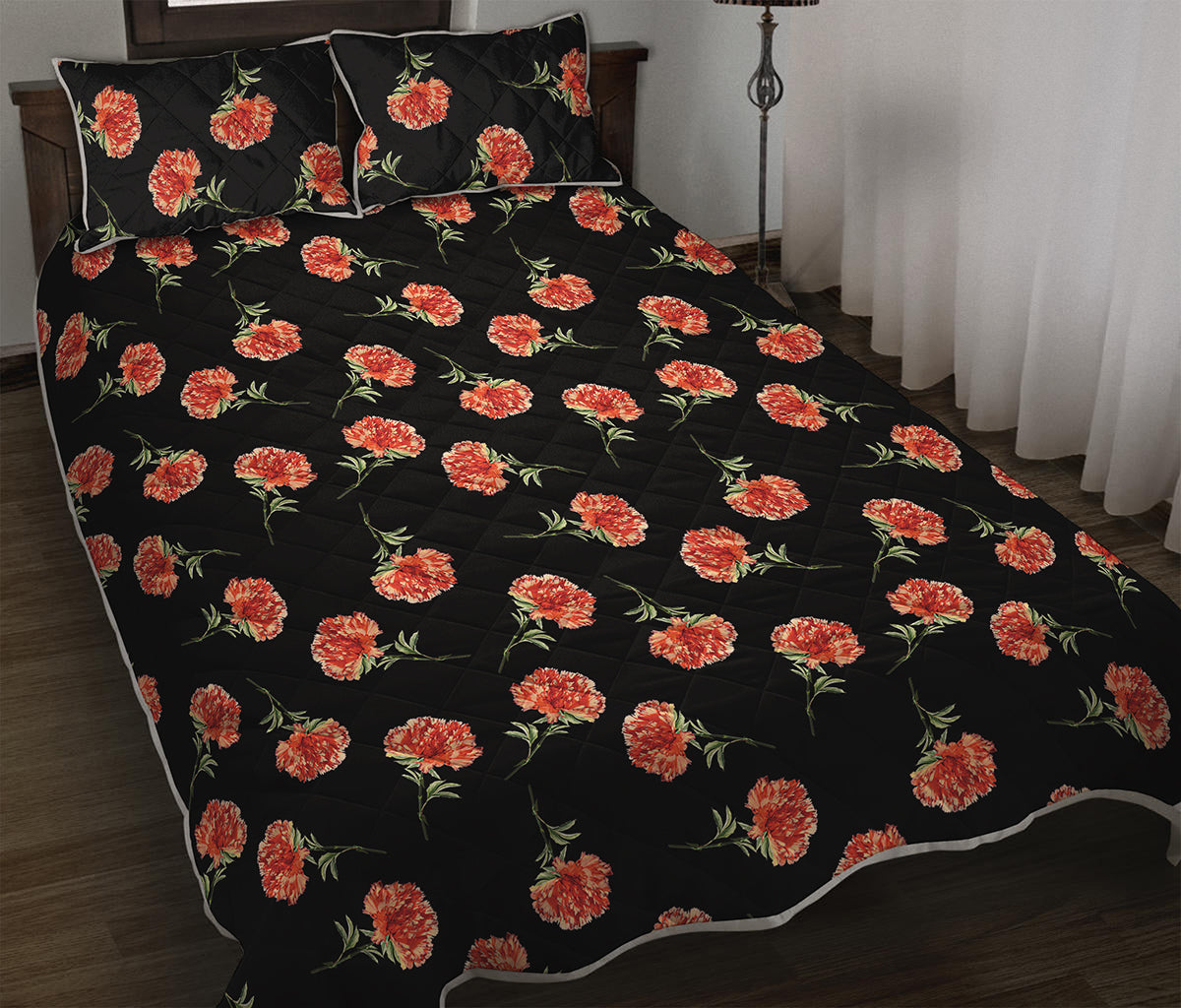 Watercolor Carnation Pattern Print Quilt Bed Set