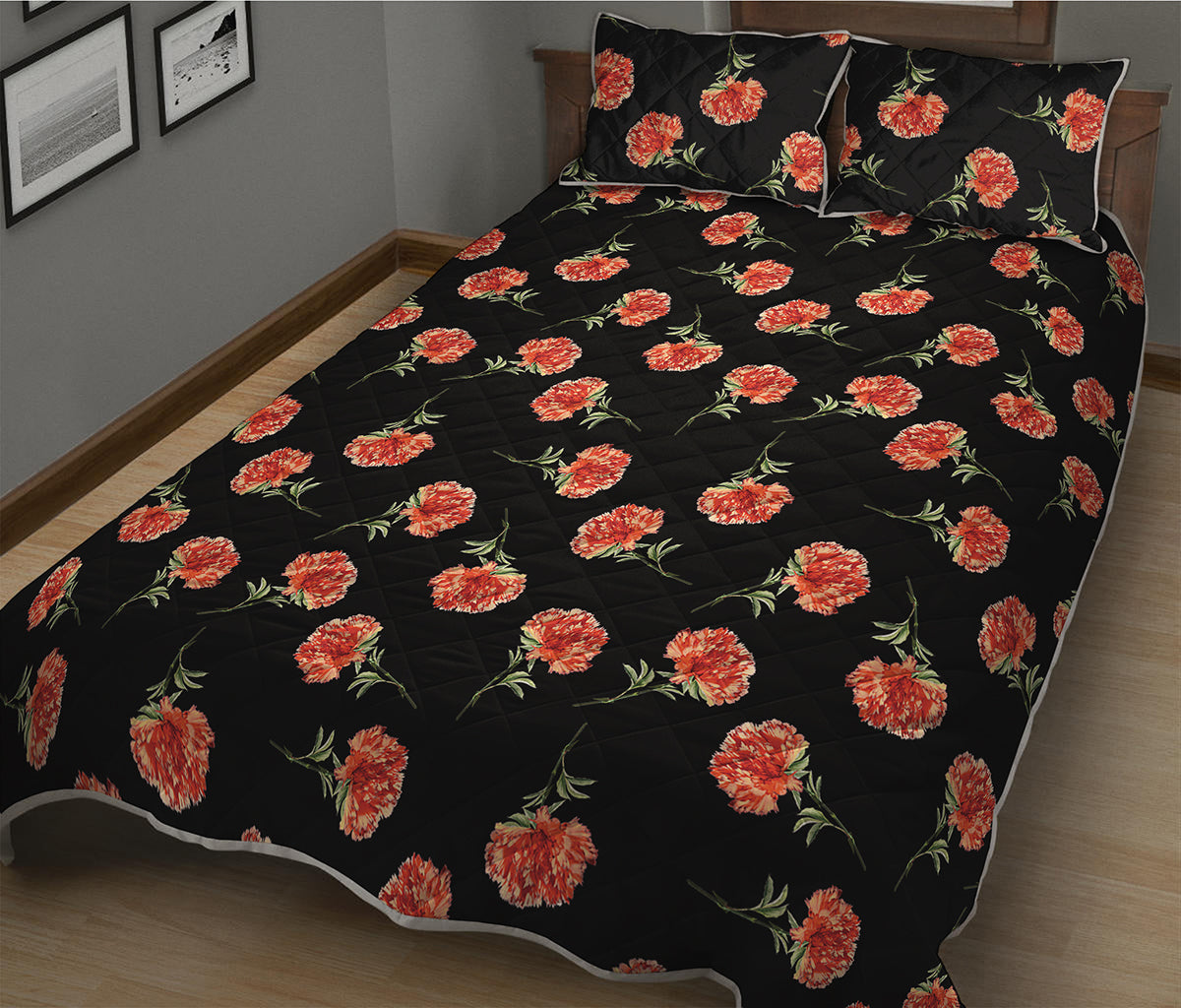 Watercolor Carnation Pattern Print Quilt Bed Set