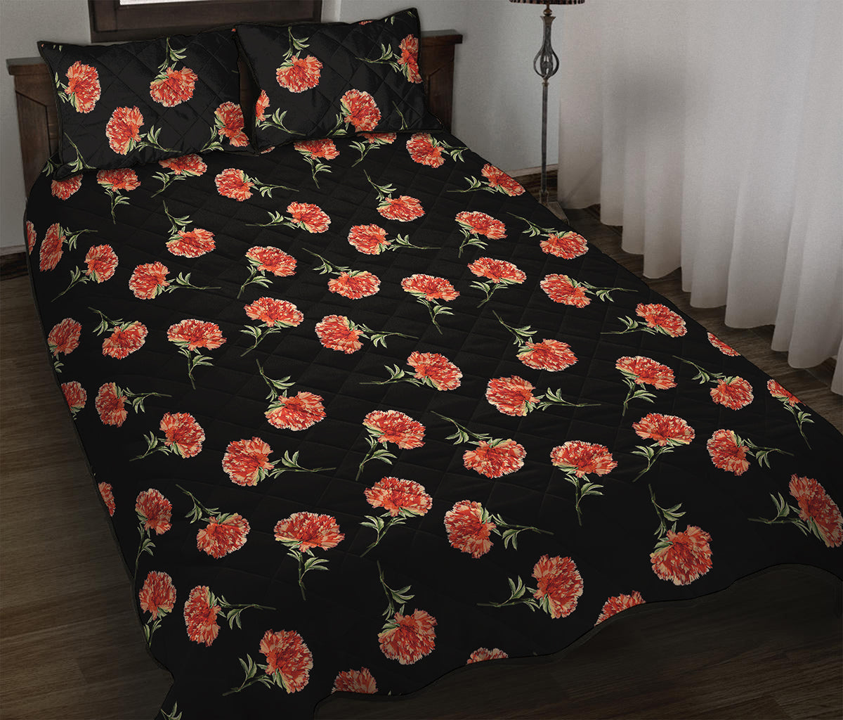 Watercolor Carnation Pattern Print Quilt Bed Set