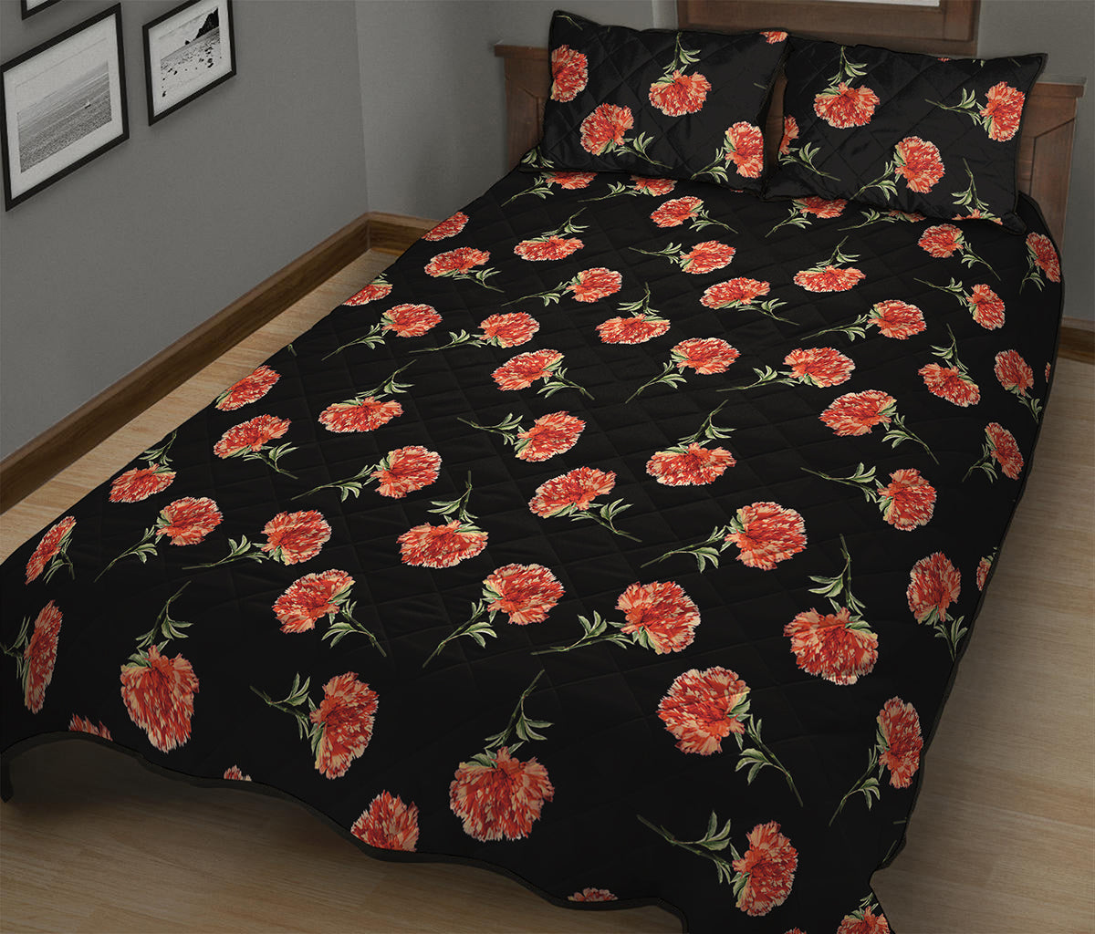 Watercolor Carnation Pattern Print Quilt Bed Set