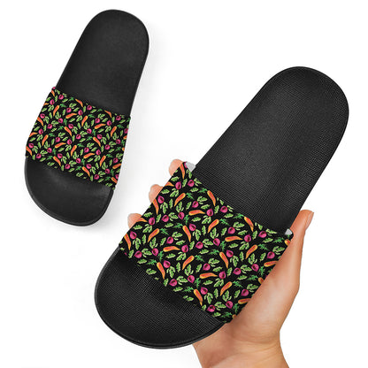 Watercolor Carrot And Radish Print Black Slide Sandals