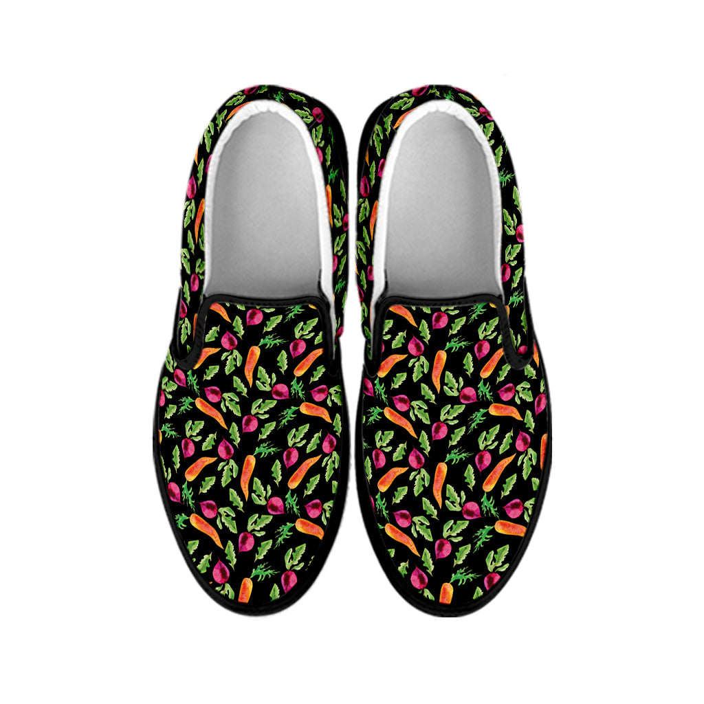 Watercolor Carrot And Radish Print Black Slip On Shoes