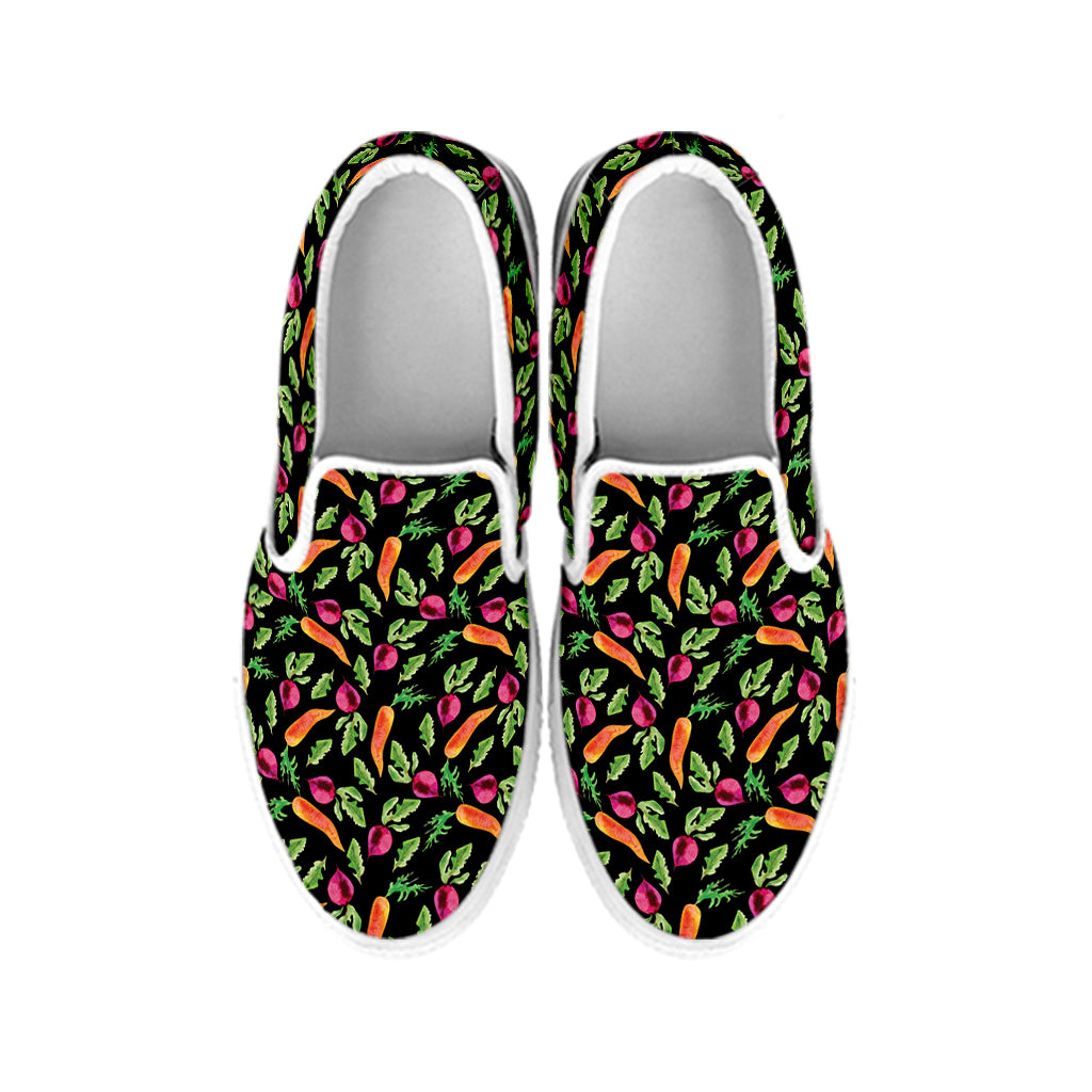 Watercolor Carrot And Radish Print White Slip On Shoes