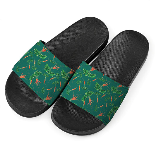 Watercolor Carrot Pattern Print Black Slide Sandals