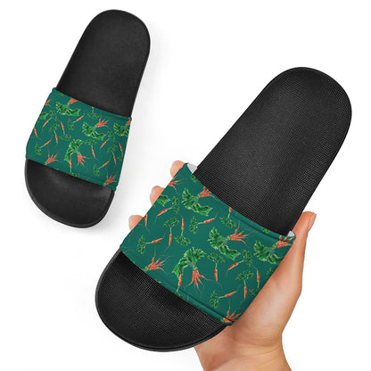 Watercolor Carrot Pattern Print Black Slide Sandals